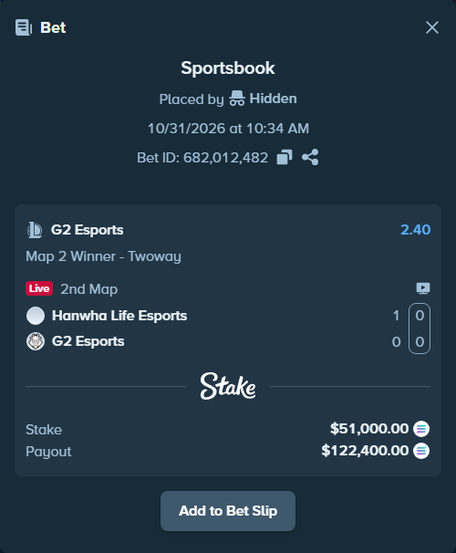 Bet slip: Hanwha Life Esports - G2 Esports, $51,305.59 stake at 2.40 odds, placed by Hidden
