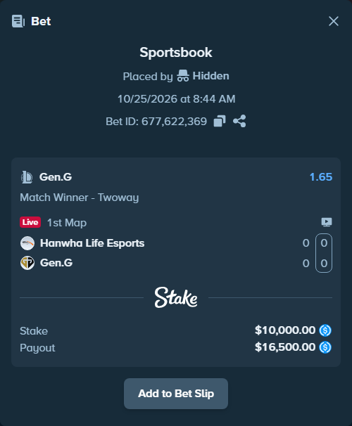 Bet slip: Hanwha Life Esports - Gen.G, $10,000.00 stake at 1.65 odds, placed by Hidden