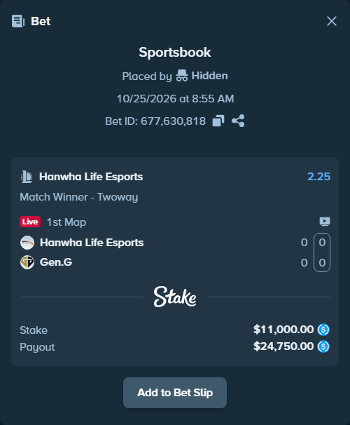 Bet slip: Hanwha Life Esports - Gen.G, $11,000.00 stake at 2.25 odds, placed by Hidden