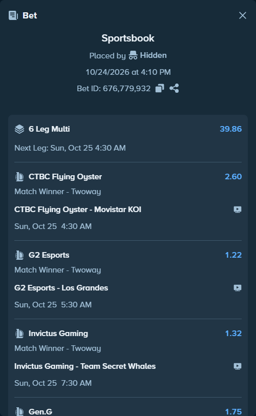 Bet slip: Hanwha Life Esports - Gen.G, $17,500.00 stake at 1.75 odds, placed by Hidden