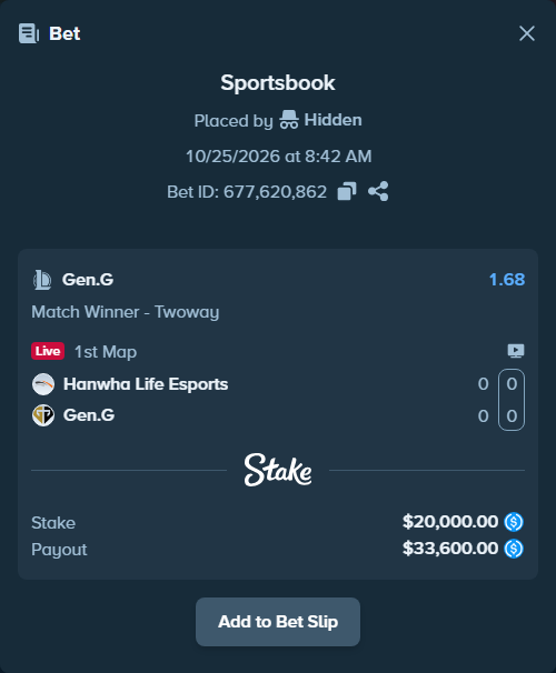 Bet slip: Hanwha Life Esports - Gen.G, $20,000.00 stake at 1.68 odds, placed by AdrewTate