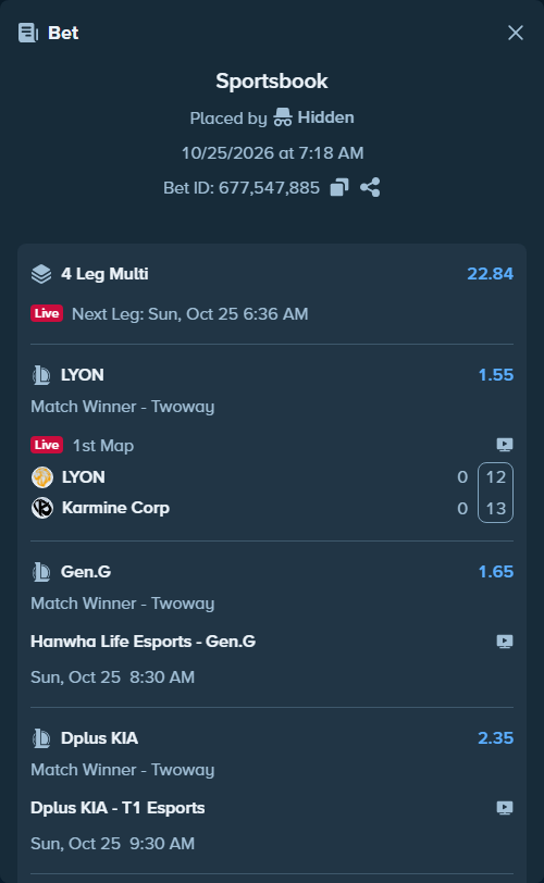 Bet slip: Hanwha Life Esports - Gen.G, $50,000.00 stake at 1.65 odds, placed by Hidden