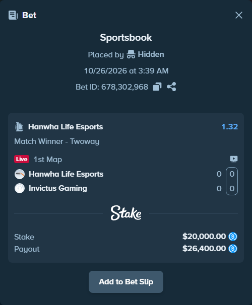 Bet slip: Hanwha Life Esports - Invictus Gaming, $20,000.00 stake at 1.32 odds, placed by AdrewTate