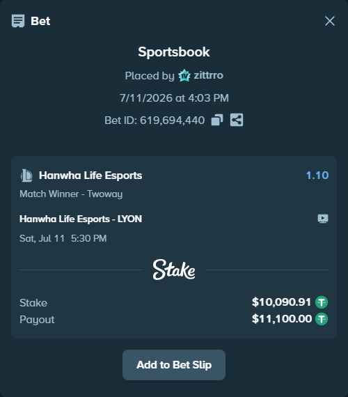 Bet slip: Hanwha Life Esports - LYON, $10,101.00 stake at 1.10 odds, placed by zittrro