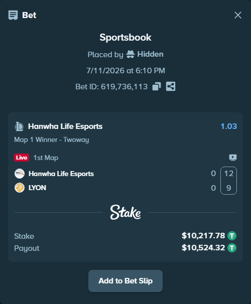 Bet slip: Hanwha Life Esports - LYON, $10,228.00 stake at 1.03 odds, placed by Hidden