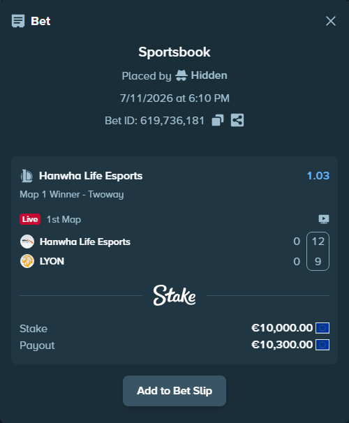 Bet slip: Hanwha Life Esports - LYON, $10,800.00 stake at 1.03 odds, placed by Hidden