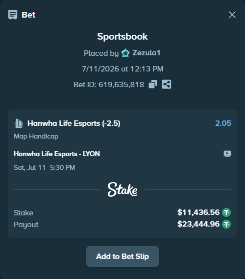 Bet slip: Hanwha Life Esports - LYON, $11,448.00 stake at 2.05 odds, placed by Zezula1