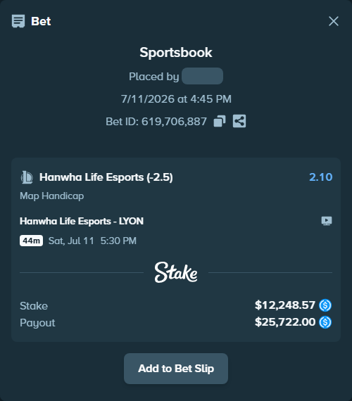 Bet slip: Hanwha Life Esports - LYON, $12,248.57 stake at 2.10 odds, placed by AdrewTate