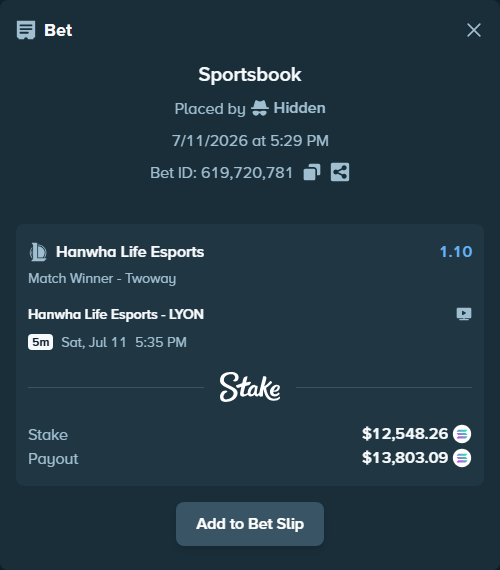 Bet slip: Hanwha Life Esports - LYON, $11,690.33 stake at 1.10 odds, placed by Hidden