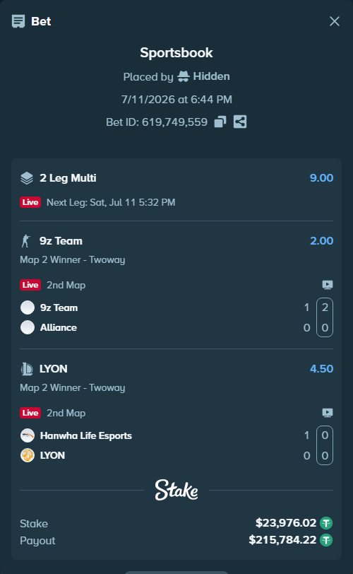 Bet slip: Hanwha Life Esports - LYON, $24,000.00 stake at 4.50 odds, placed by Hidden