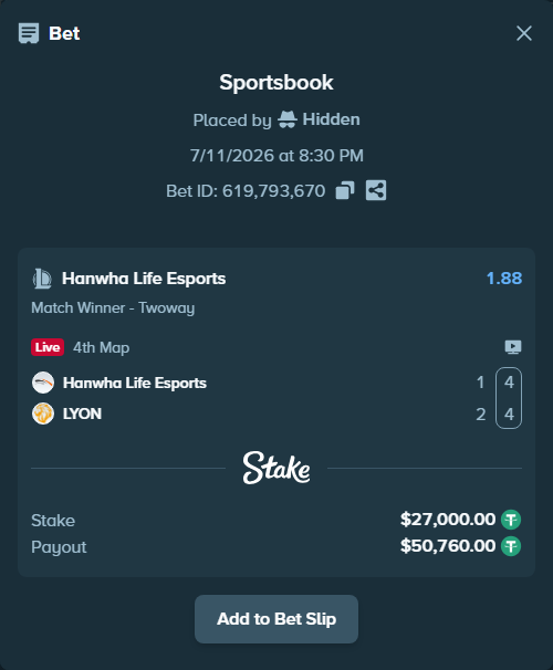Bet slip: Hanwha Life Esports - LYON, $27,027.00 stake at 1.88 odds, placed by Hidden