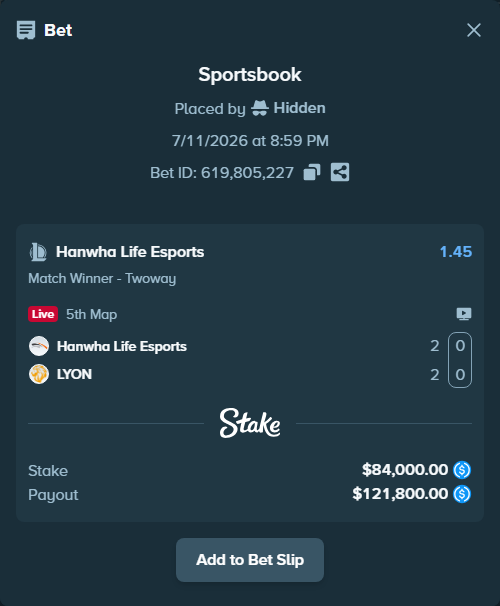 Bet slip: Hanwha Life Esports - LYON, $84,000.00 stake at 1.45 odds, placed by Hidden