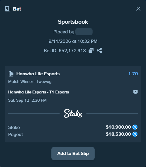 Bet slip: Hanwha Life Esports - T1 Esports, $10,900.00 stake at 1.70 odds, placed by Andremila