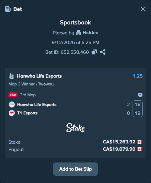 Bet slip: Hanwha Life Esports - T1 Esports, $11,295.30 stake at 1.25 odds, placed by Hidden