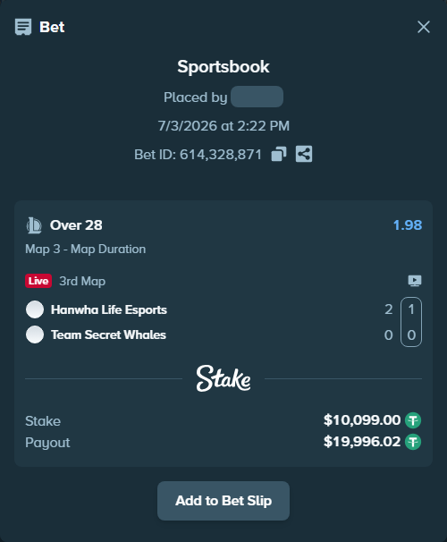 Bet slip: Hanwha Life Esports - Team Secret Whales, $10,109.10 stake at 1.98 odds, placed by Mwillalwayswin