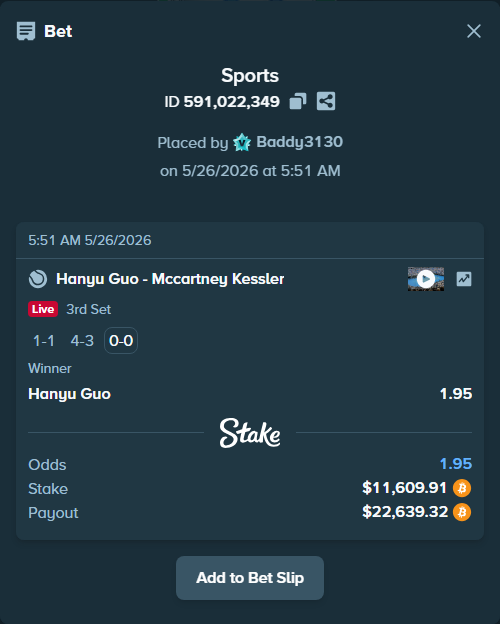 Bet slip: Hanyu Guo - Mccartney Kessler, $9,649.50 stake at 1.95 odds, placed by Baddy3130