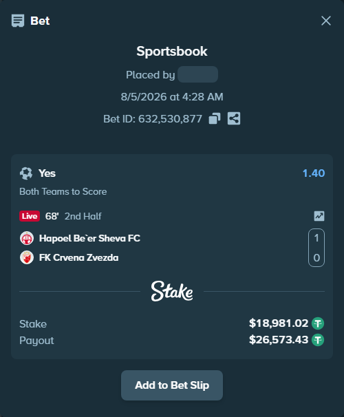 Bet slip: Hapoel Be'er Sheva FC - FK Crvena Zvezda Belgrade, $19,000.00 stake at 1.40 odds, placed by tlwns4736