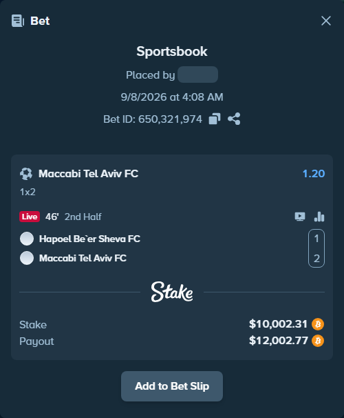 Bet slip: Hapoel Be'er Sheva FC - Maccabi Tel Aviv FC, $10,033.80 stake at 1.20 odds, placed by Dholy500