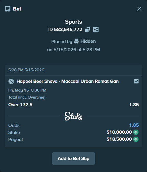 Bet slip: Hapoel Beer Sheva - Maccabi Ironi Ramat Gan, $10,000.00 stake at 1.85 odds, placed by Hidden
