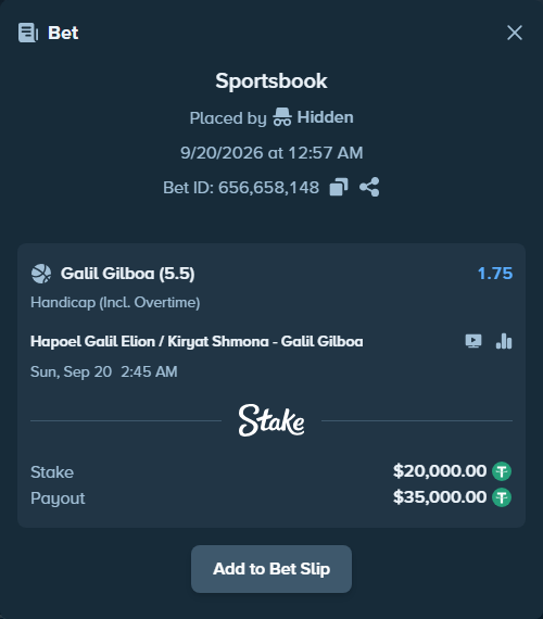 Bet slip: Hapoel Galil Elyon - Hapoel Haemek, $20,000.00 stake at 1.75 odds, placed by Hidden