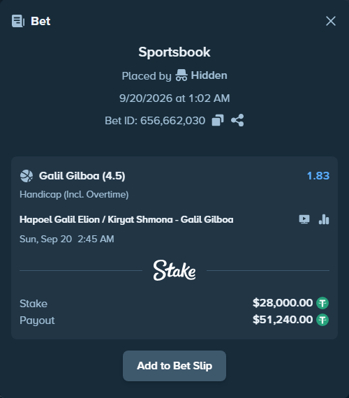 Bet slip: Hapoel Galil Elyon - Hapoel Haemek, $28,000.00 stake at 1.83 odds, placed by Hidden