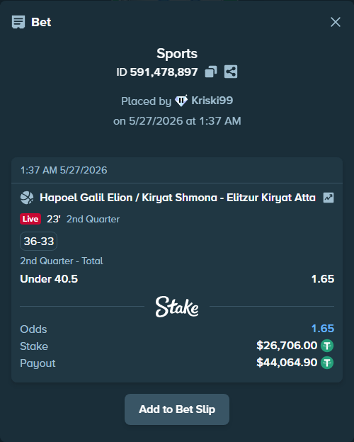 Bet slip: Hapoel Galil Elyon - Ironi Kiryat ATA, $26,732.71 stake at 1.65 odds, placed by Kriski99