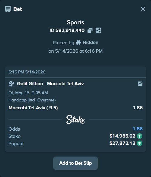 Bet slip: Hapoel Haemek - Maccabi Tel-Aviv, $15,000.00 stake at 1.86 odds, placed by Hidden