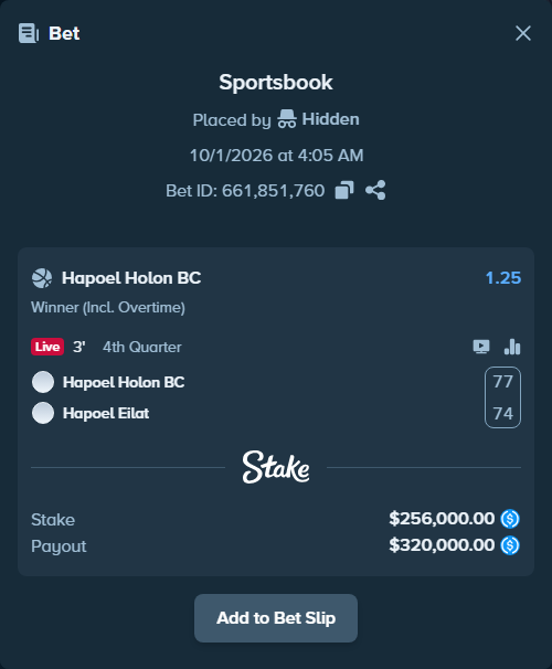 Bet slip: Hapoel Holon BC - Hapoel Eilat, $256,000.00 stake at 1.25 odds, placed by Hidden