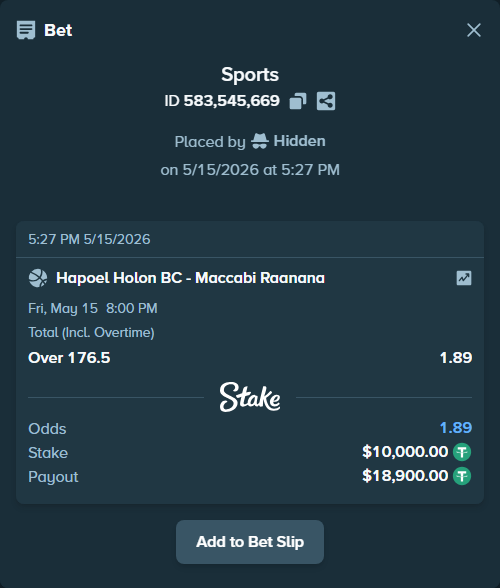 Bet slip: Hapoel Holon BC - Maccabi Raanana, $10,000.00 stake at 1.89 odds, placed by Hidden