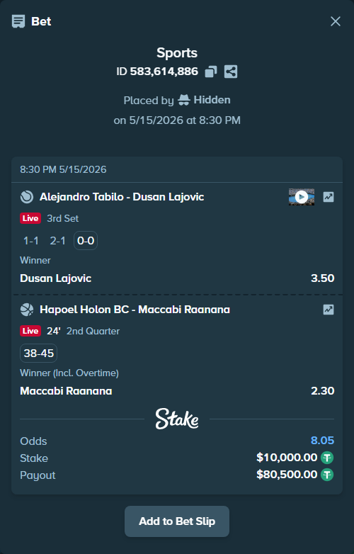Bet slip: Hapoel Holon BC - Maccabi Raanana, $10,000.00 stake at 2.30 odds, placed by Hidden