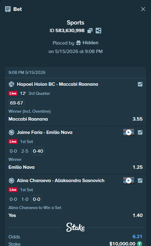 Bet slip: Hapoel Holon BC - Maccabi Raanana, $10,000.00 stake at 3.55 odds, placed by Hidden