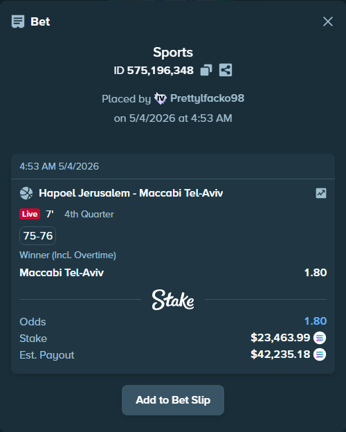 Bet slip: Hapoel Jerusalem - Maccabi Tel-Aviv, $20,476.61 stake at 1.80 odds, placed by Prettylfacko98