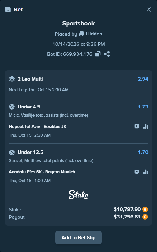 Bet slip: Hapoel Tel-Aviv - Besiktas JK, $10,648.45 stake at 1.73 odds, placed by SpinEng