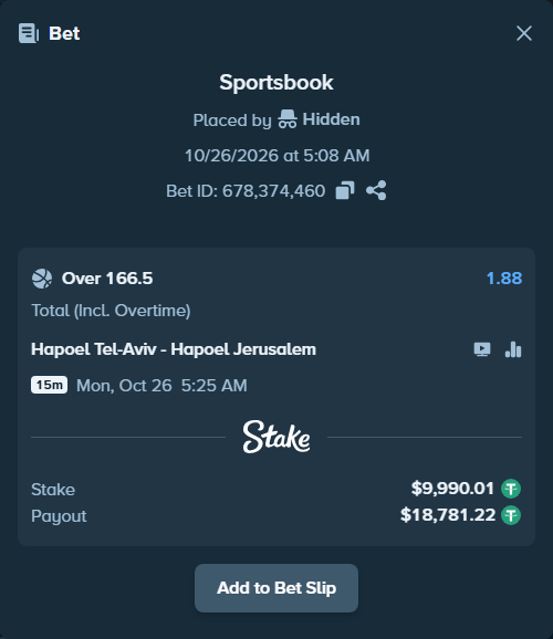 Bet slip: Hapoel Tel-Aviv - Hapoel Jerusalem, $10,000.00 stake at 1.88 odds, placed by Theketkitkitty