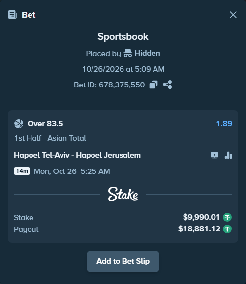 Bet slip: Hapoel Tel-Aviv - Hapoel Jerusalem, $10,000.00 stake at 1.89 odds, placed by Theketkitkitty