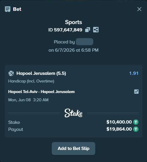 Bet slip: Hapoel Tel-Aviv - Hapoel Jerusalem, $10,400.00 stake at 1.91 odds, placed by rajlev