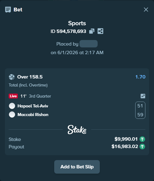 Bet slip: Hapoel Tel-Aviv - Maccabi Rishon LeZion, $10,000.00 stake at 1.70 odds, placed by Swagger7727