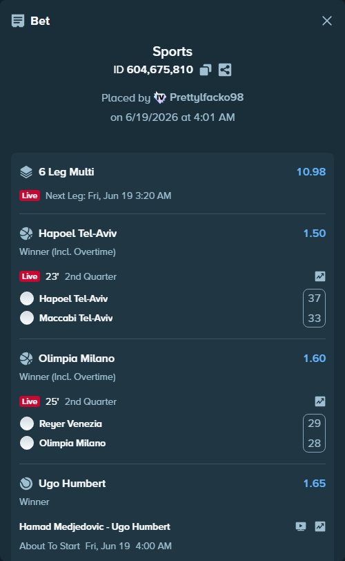 Bet slip: Hapoel Tel-Aviv - Maccabi Tel-Aviv, $120,909.02 stake at 1.50 odds, placed by Prettylfacko98