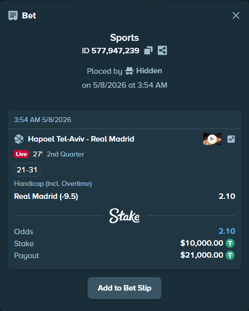 Bet slip: Hapoel Tel-Aviv - Real Madrid, $10,000.00 stake at 2.10 odds, placed by Hidden