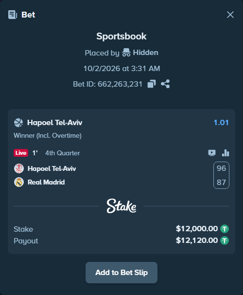 Bet slip: Hapoel Tel-Aviv - Real Madrid, $12,000.00 stake at 1.01 odds, placed by shelyzz