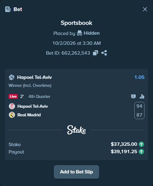 Bet slip: Hapoel Tel-Aviv - Real Madrid, $37,325.00 stake at 1.05 odds, placed by nandonzr