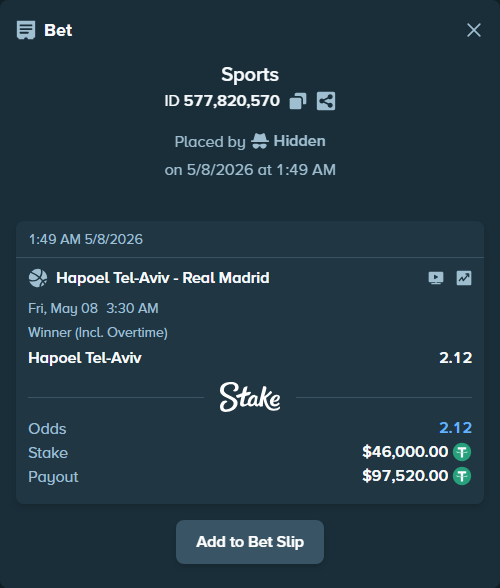 Bet slip: Hapoel Tel-Aviv - Real Madrid, $46,000.00 stake at 2.12 odds, placed by Hidden