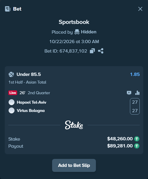 Bet slip: Hapoel Tel-Aviv - Virtus Bologna, $48,308.26 stake at 1.85 odds, placed by Hidden