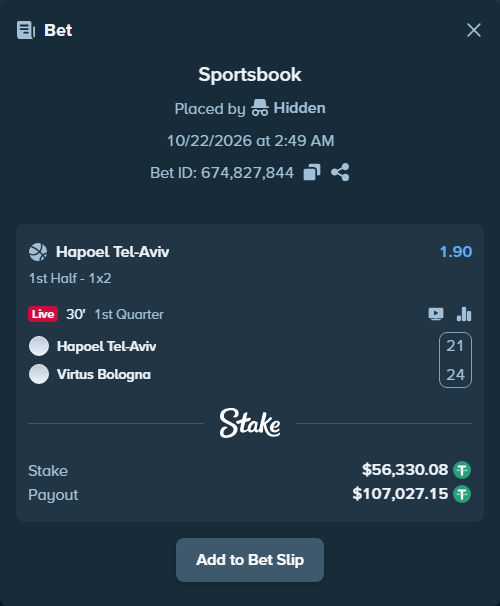 Bet slip: Hapoel Tel-Aviv - Virtus Bologna, $56,386.41 stake at 1.90 odds, placed by Hidden