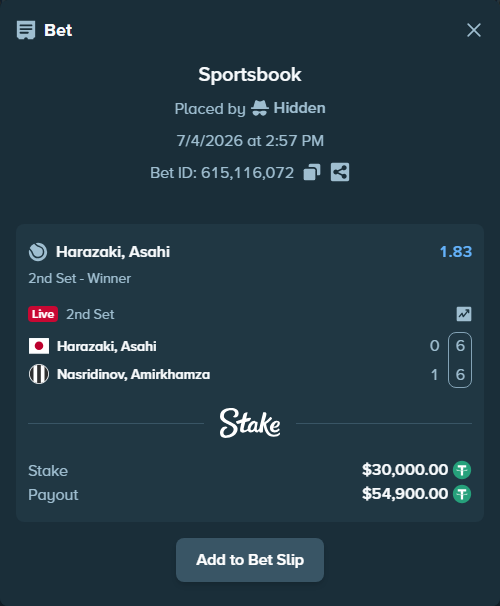 Bet slip: Harazaki, Asahi - Nasridinov, Amirkhamza, $30,030.00 stake at 1.83 odds, placed by Hidden