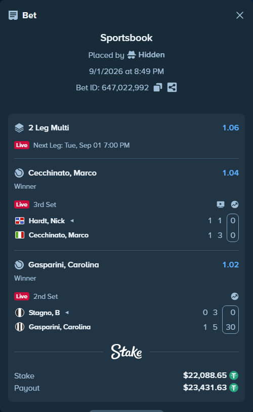 Bet slip: Hardt, Nick - Cecchinato, Marco, $22,088.65 stake at 1.04 odds, placed by Hidden