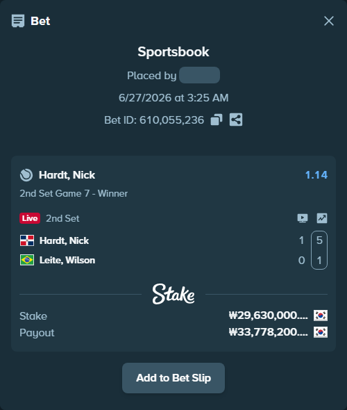 Bet slip: Hardt, Nick - Leite, Wilson, $22,222.50 stake at 1.14 odds, placed by piropiro12