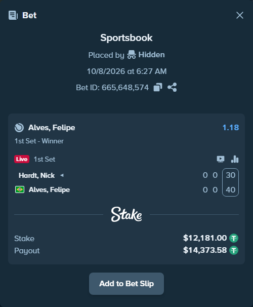 Bet slip: Hardt, Nick - Meligeni Alves, Felipe, $12,179.78 stake at 1.18 odds, placed by itsreezyy