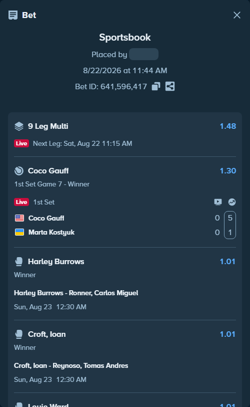 Bet slip: Harley Burrows - Ronner, Carlos Miguel, $10,092.59 stake at 1.01 odds, placed by Jupavelli
