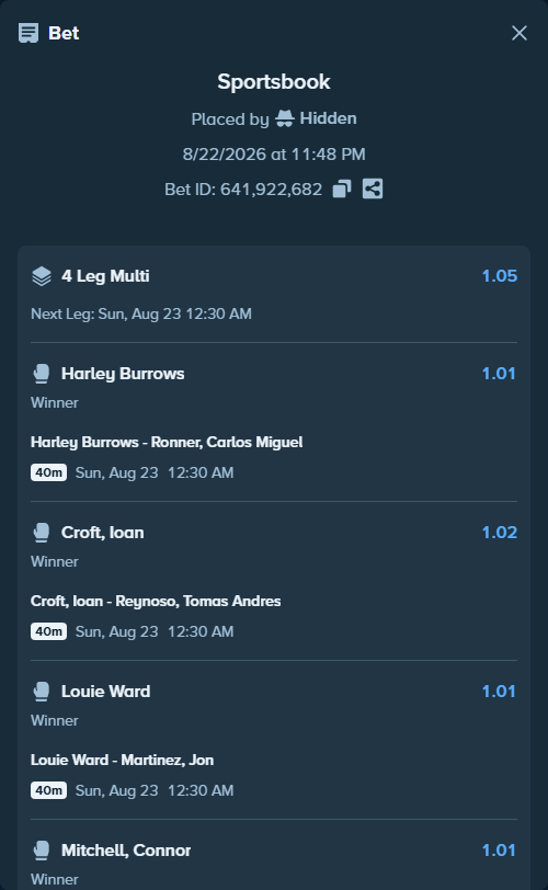 Bet slip: Harley Burrows - Ronner, Carlos Miguel, $67,383.00 stake at 1.01 odds, placed by Hidden